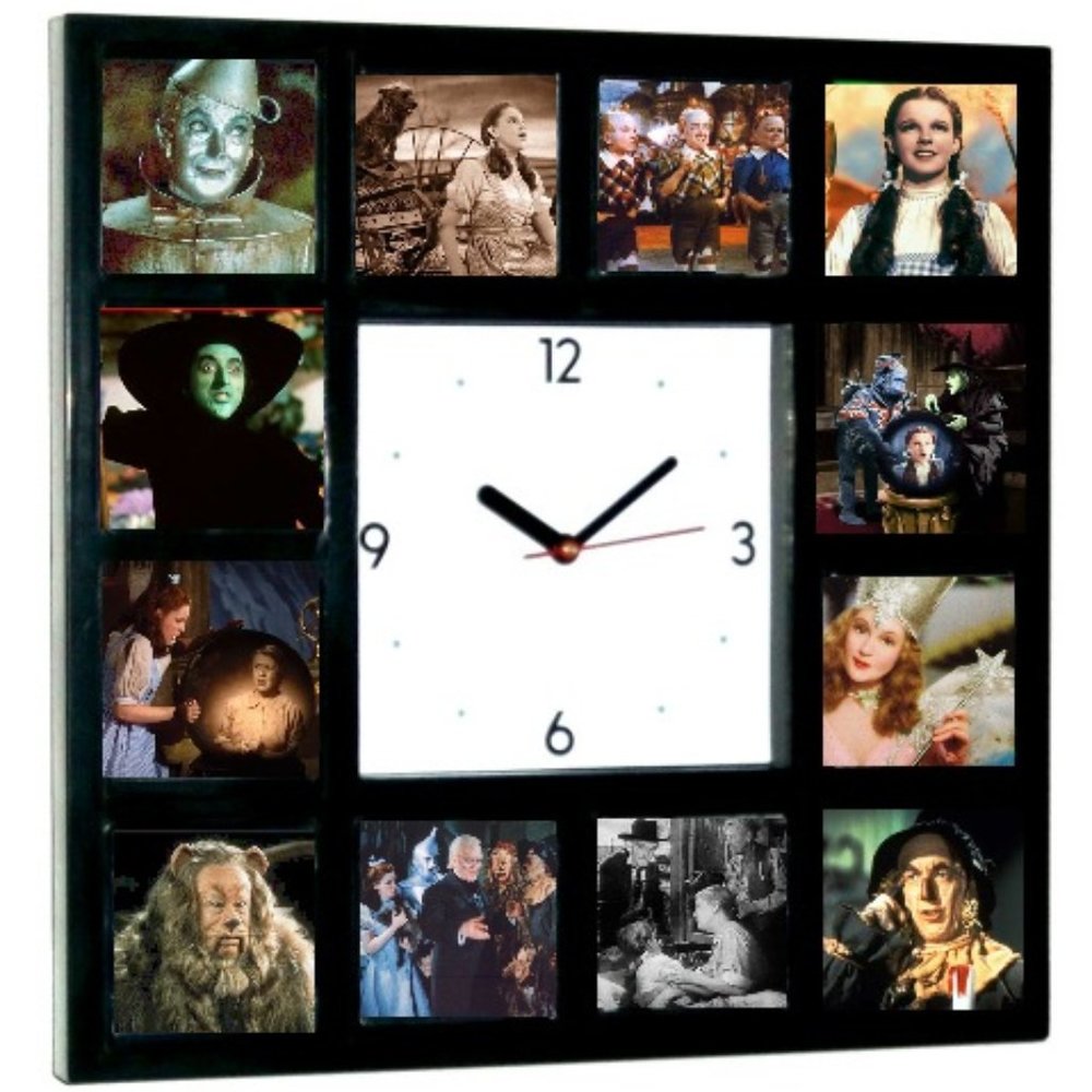 Wizard of Oz Square Clock with 12 pictures Dorothy Wicked Witch Scarecrow Glinda